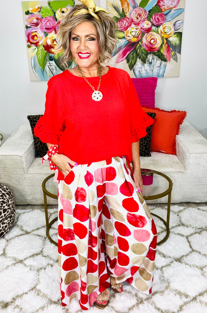 Wide Leg Pull On Pants-Red Mix