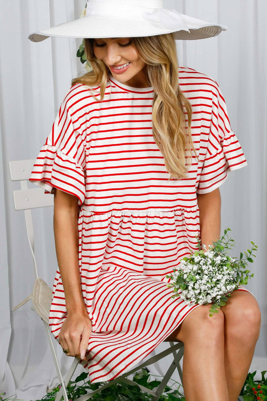 Striped Round Neck Baby Doll Cotton Dress-Red Stripe