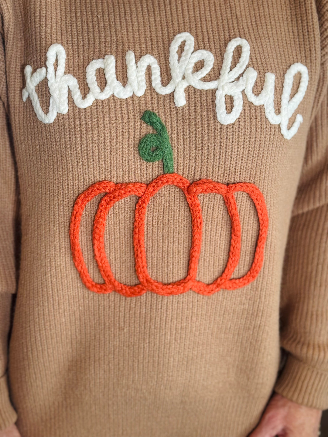 Dusty Brown Thankful Pumpkin 3D Embroidered Sweater