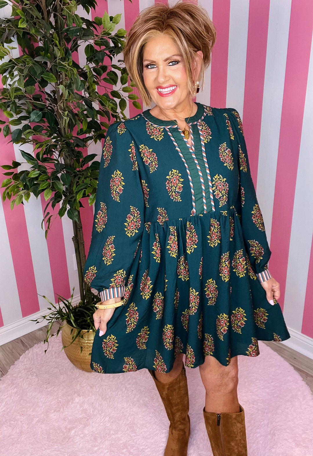 Floral Dress with Striped Detail-Hunter Green