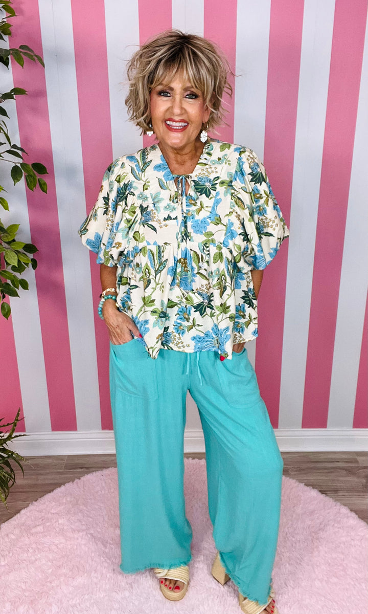 Floral Print Balloon Sleeve Blouse-Emerald Mix