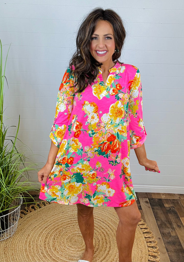 Hot Pink Multi-Colored Floral Shift Dress - Available Small Through Extended Sizes
