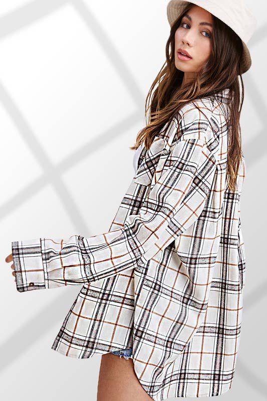 SRT1312-Soft Fabric Plaid Loose Fit Button Down Shirt-2 Color Options