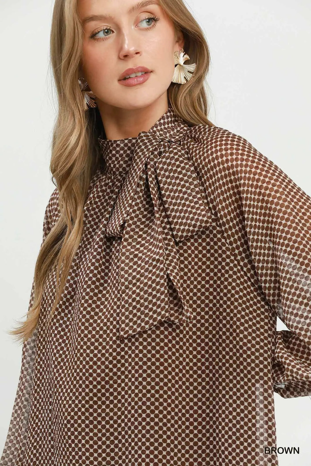 Dot Print Tie Long Sleeve Blouse-Brown