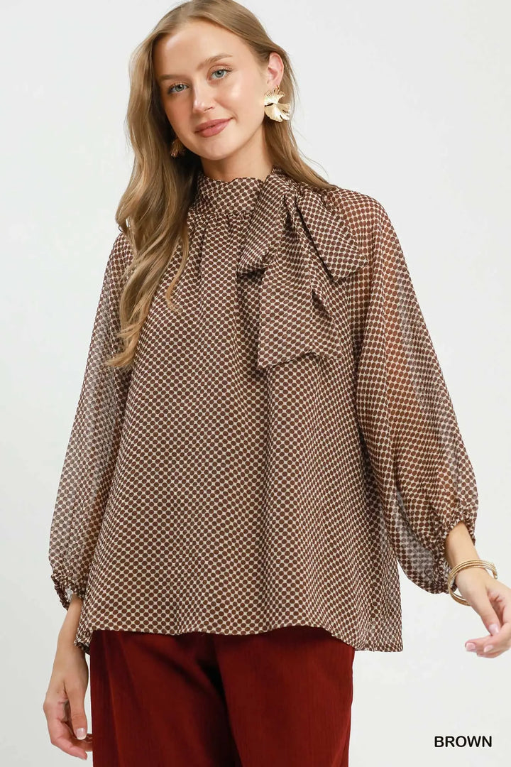Dot Print Tie Long Sleeve Blouse-Brown