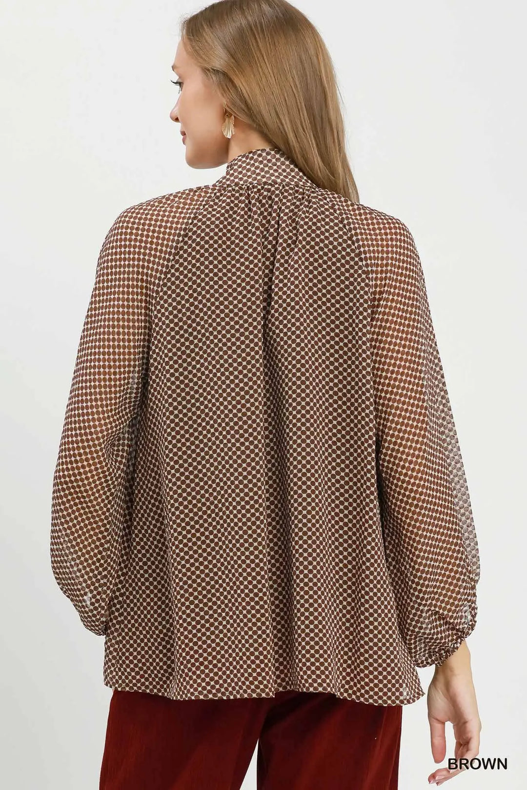 Dot Print Tie Long Sleeve Blouse-Brown