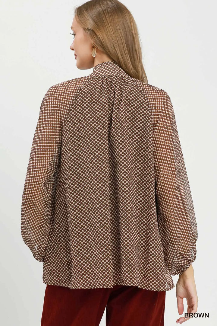 Dot Print Tie Long Sleeve Blouse-Brown