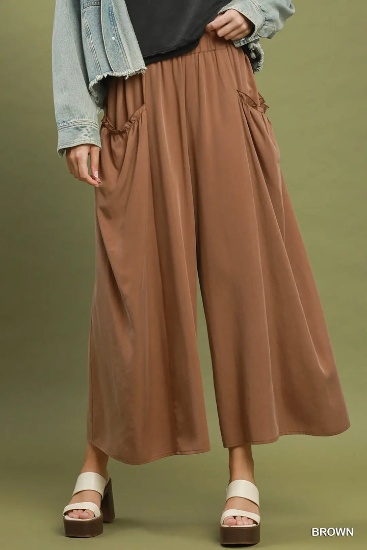 Flowy Wide Leg Pocket Pants-Brown