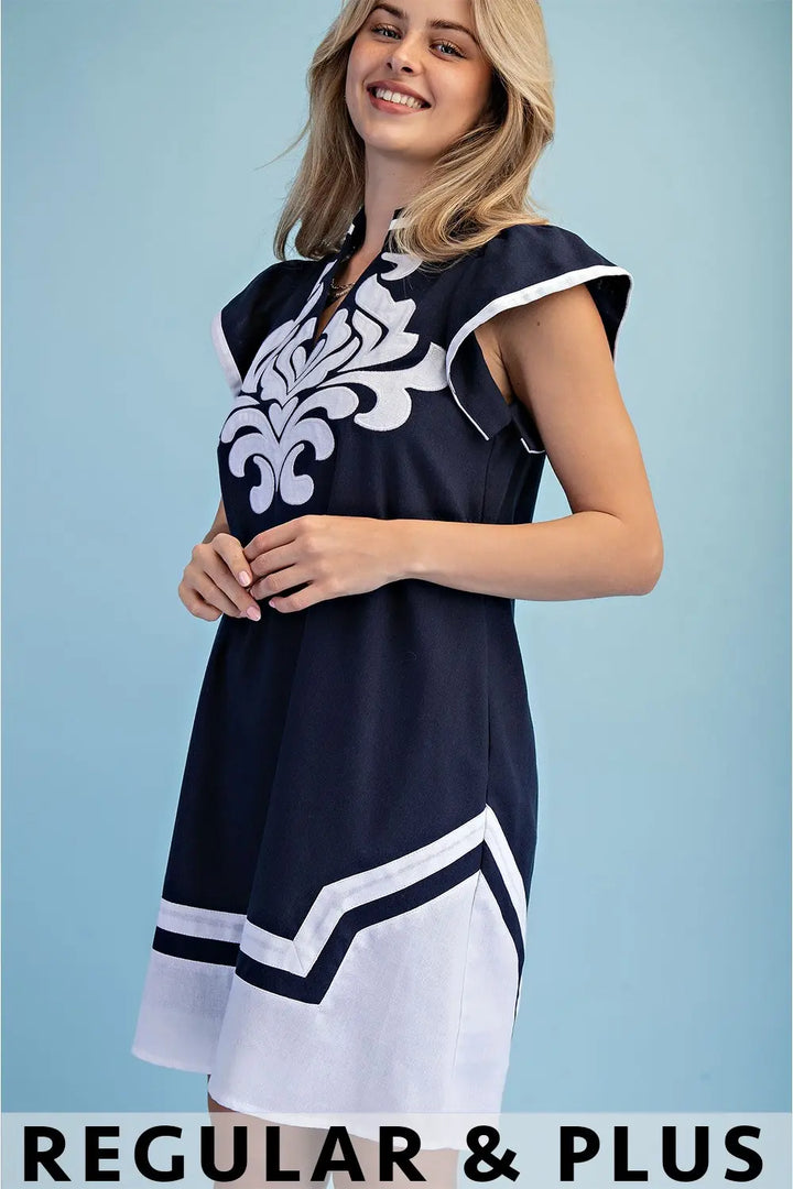 V-Neck Dress with Embroidery Detail-Navy