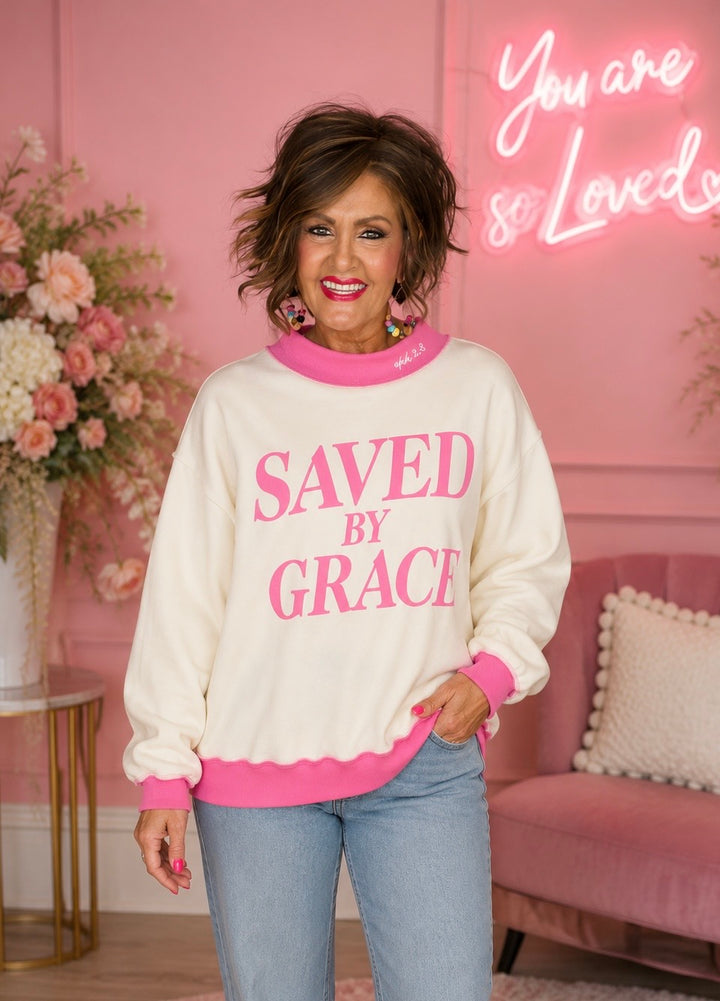 Mock Neck Oversized Sweatshirt-Pink/Cream-Arrives August