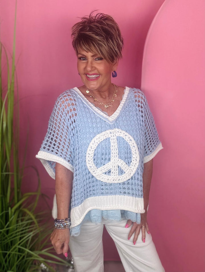 Crochet V-Neck Peace Sign Top - 2 Color Options