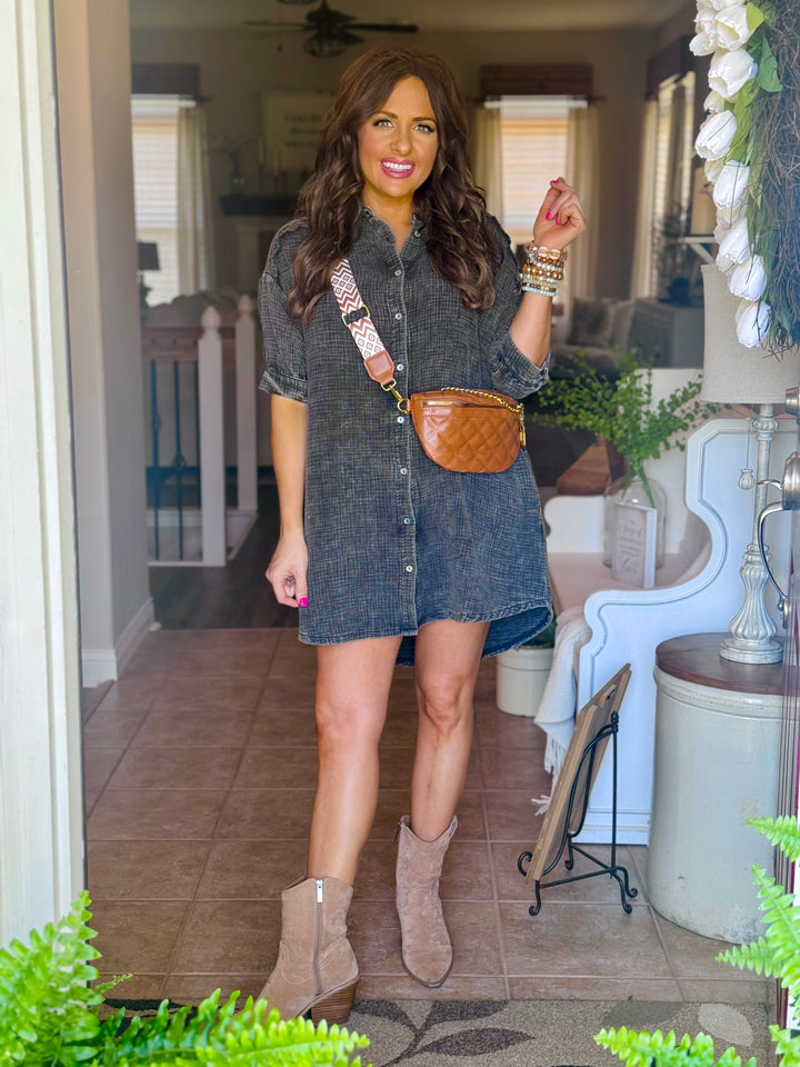 Washed Double Gauze Button Down Shirt Dress - 2 Color Options