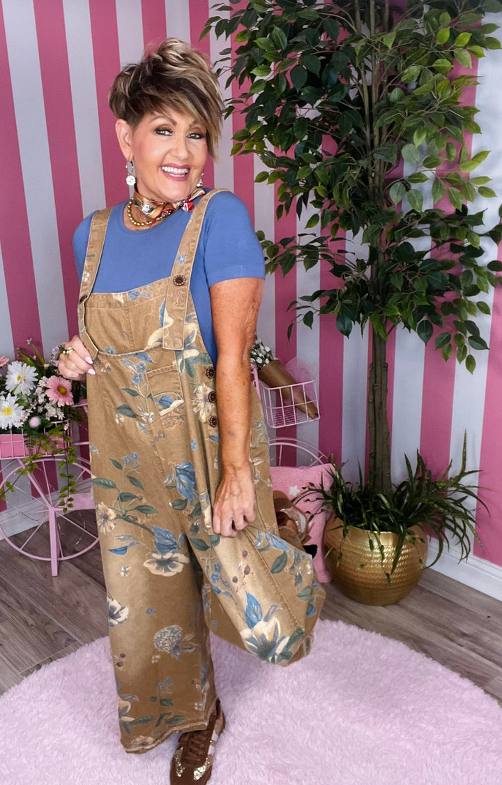Flower Printed Washed Denim Overalls-Almond