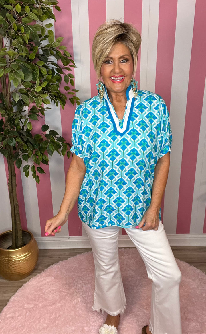 SALE: Printed Dolman Sleeve Top-Aqua Mix