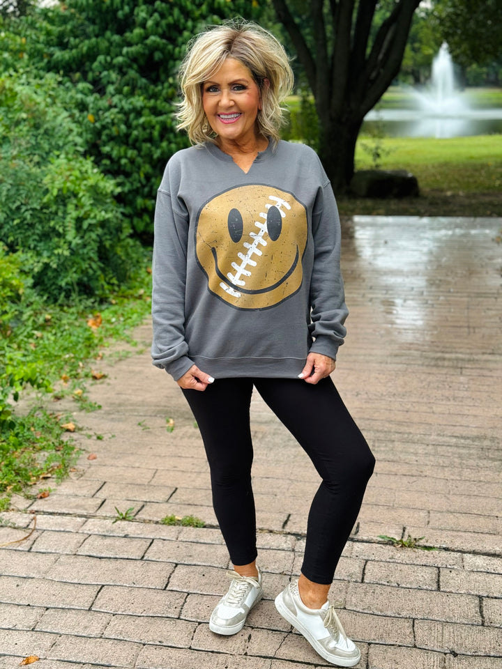 Charcoal Retro Football Smiley Split Neck Sweatshirt - Medium Through Extended Sizes