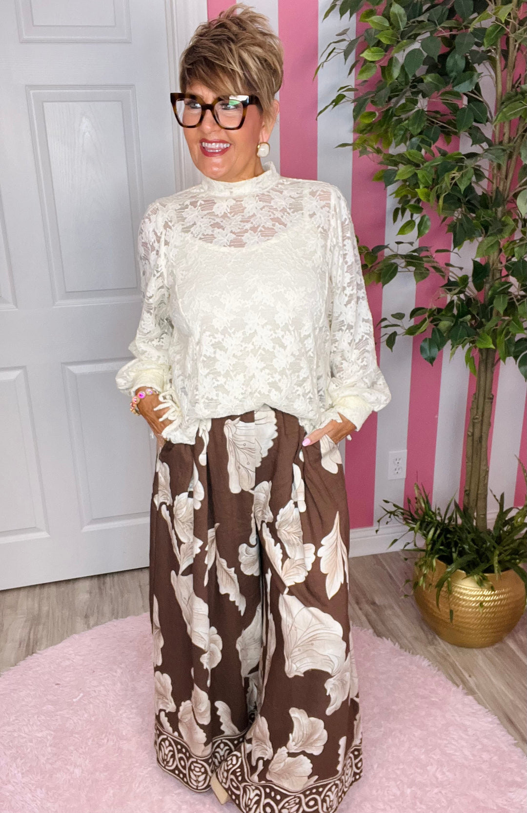Botanical Print Wide Leg Pants-Brown