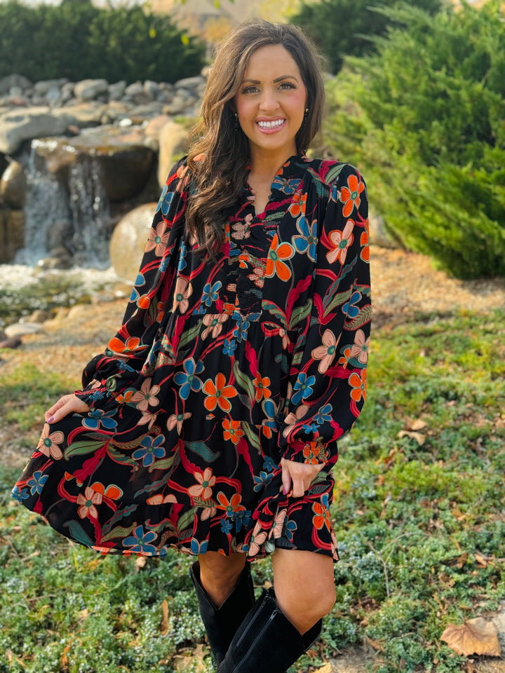 Black Floral Printed Gauze Tiered Dress