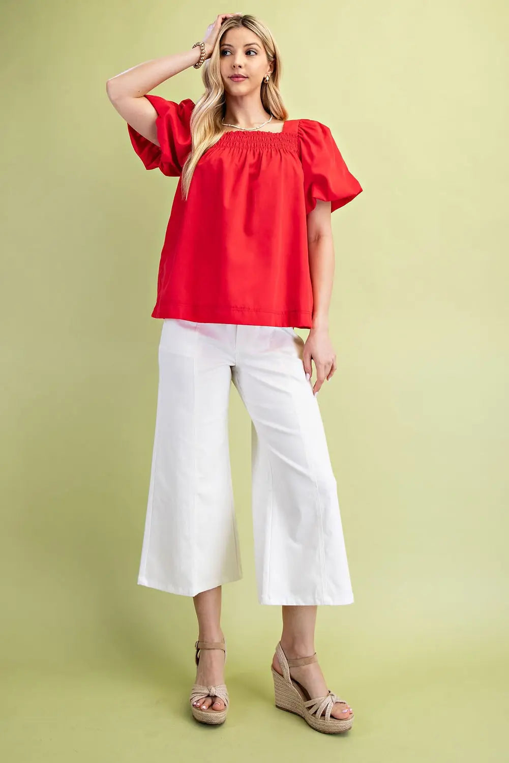 Smocked Puff Sleeve Top-Red