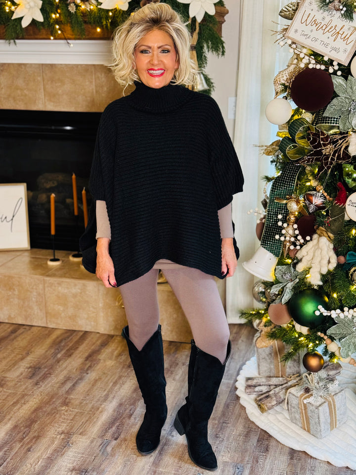 Turtleneck Ribbed Knit Poncho w/ Armholes - 2 Color Options