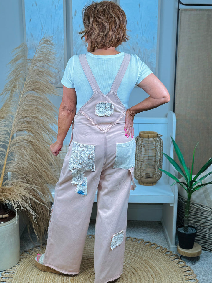 POL Pre-Order - Salmon Pink Overalls W/ Lace and Patch Detail - FINAL SALE