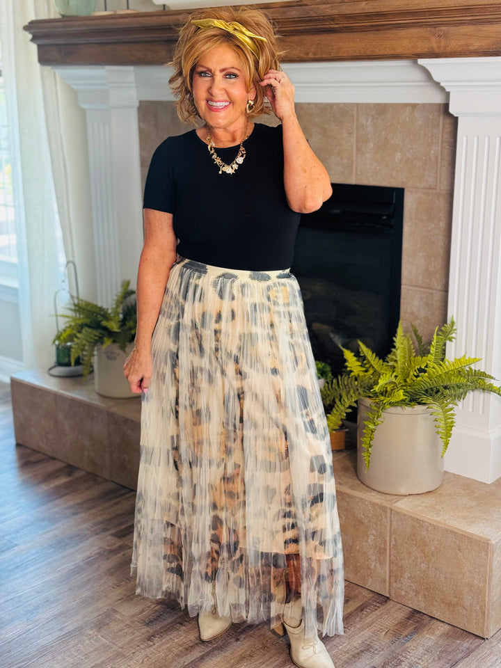 Animal Print Lined Pleated Tulle Midi Skirt w/ Elastic Waist