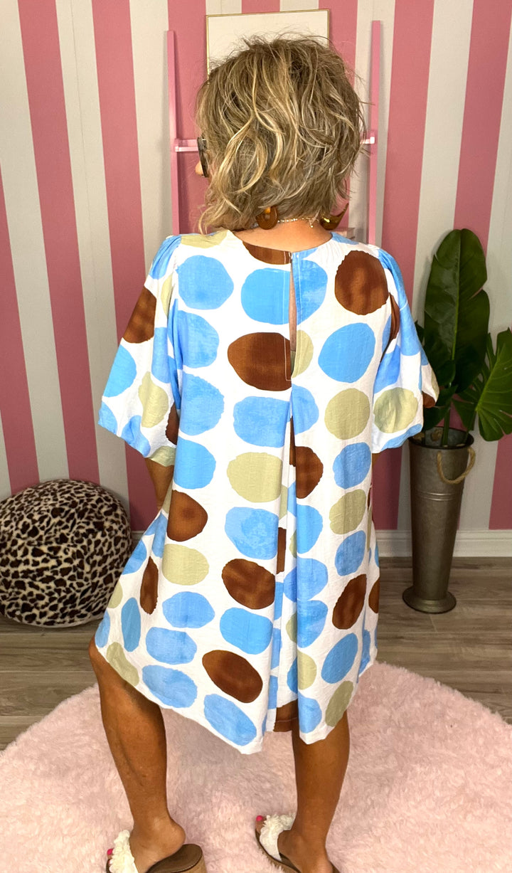 Abstract Dot Bubble Sleeve Tunic Dress- Blue