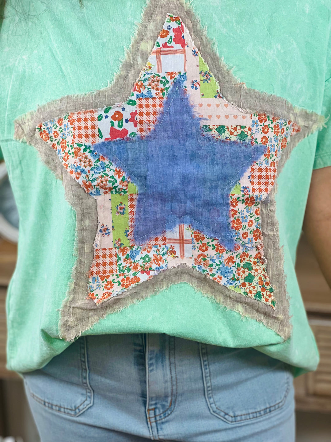 Mint Star Patch Front Washed Cotton Jersey Top - Available S - Extended Sizes