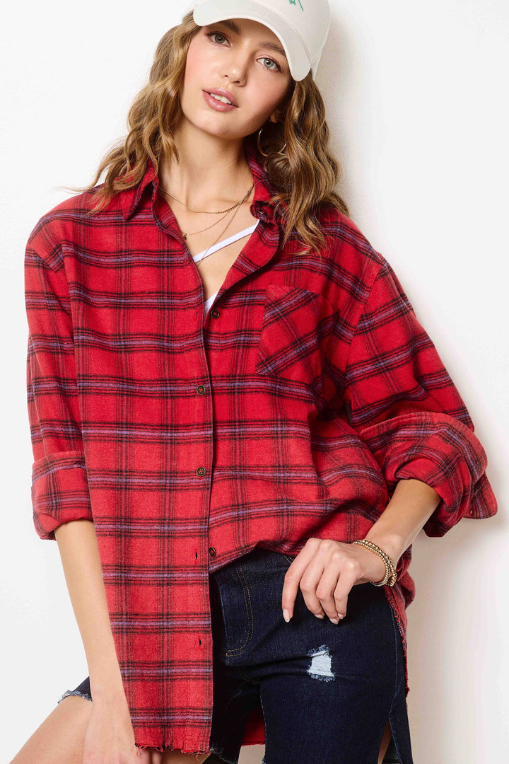 Red Button Down Two-Tone Washed Plaid Shirts