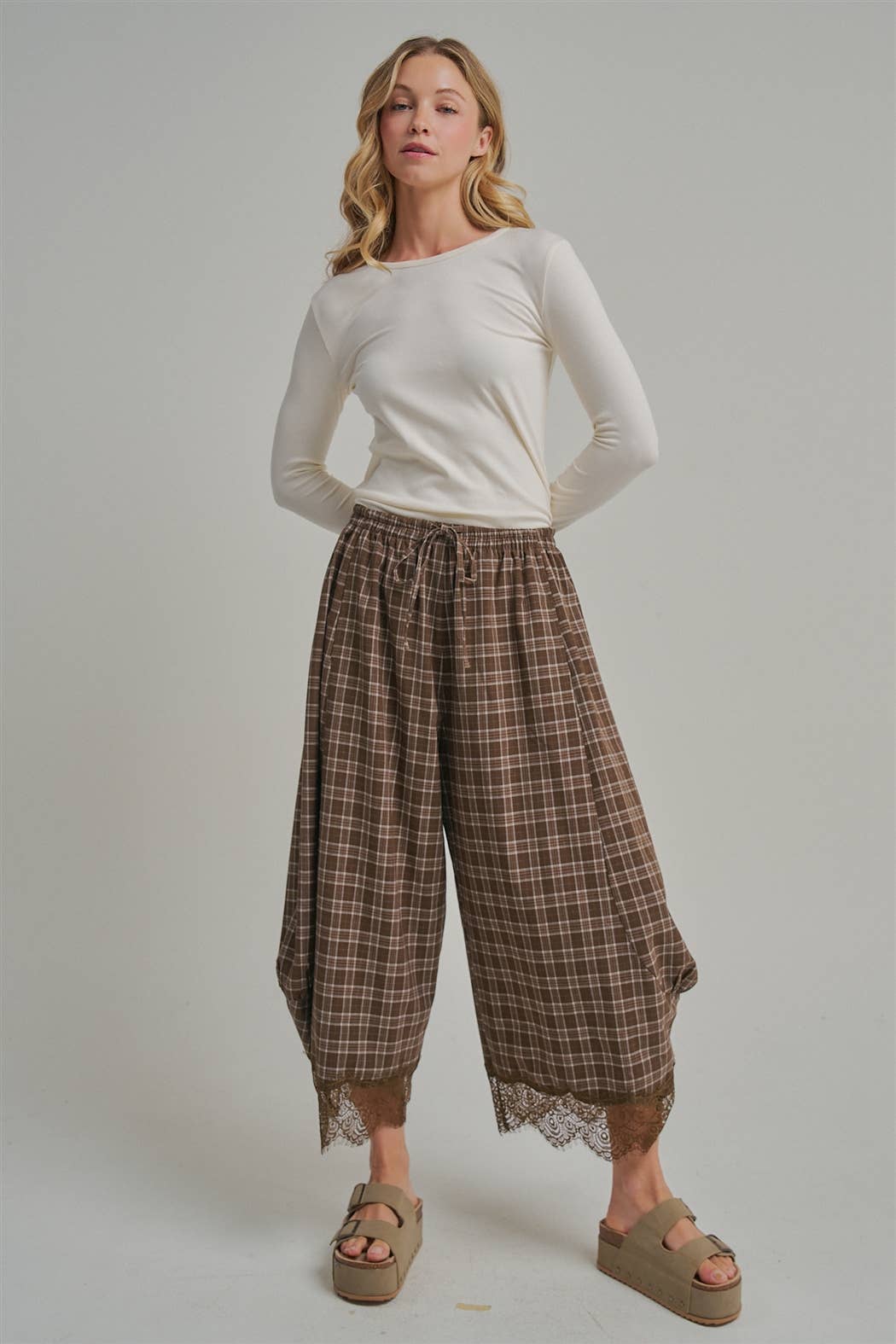 FLOWY FALL CHECK PLAID WIDE BALLOON LEG PANTS-Brown Check-Arrives first of October