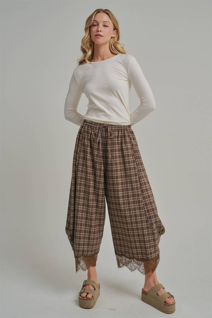 FLOWY FALL CHECK PLAID WIDE BALLOON LEG PANTS-Brown Check-Arrives first of October