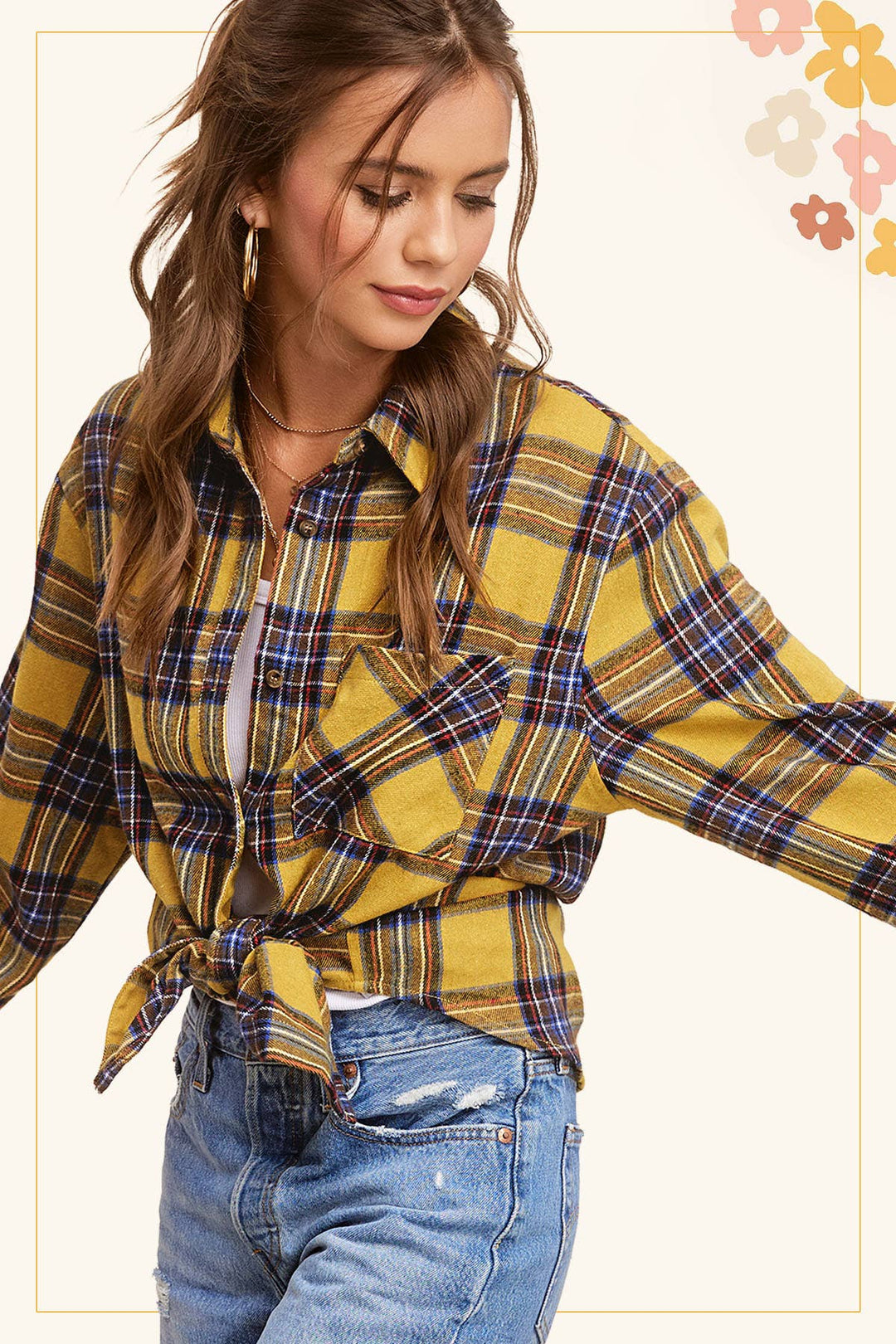 SRT7807-Soft Fabric Plaid Loose Fit Button Down Shirt