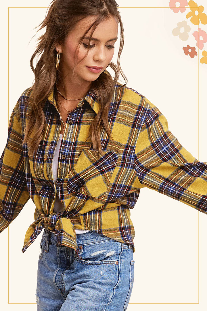 SRT7807-Soft Fabric Plaid Loose Fit Button Down Shirt