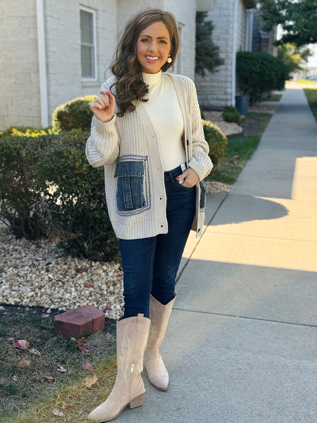 Oatmeal Knit Cardigan w/ Denim Pockets