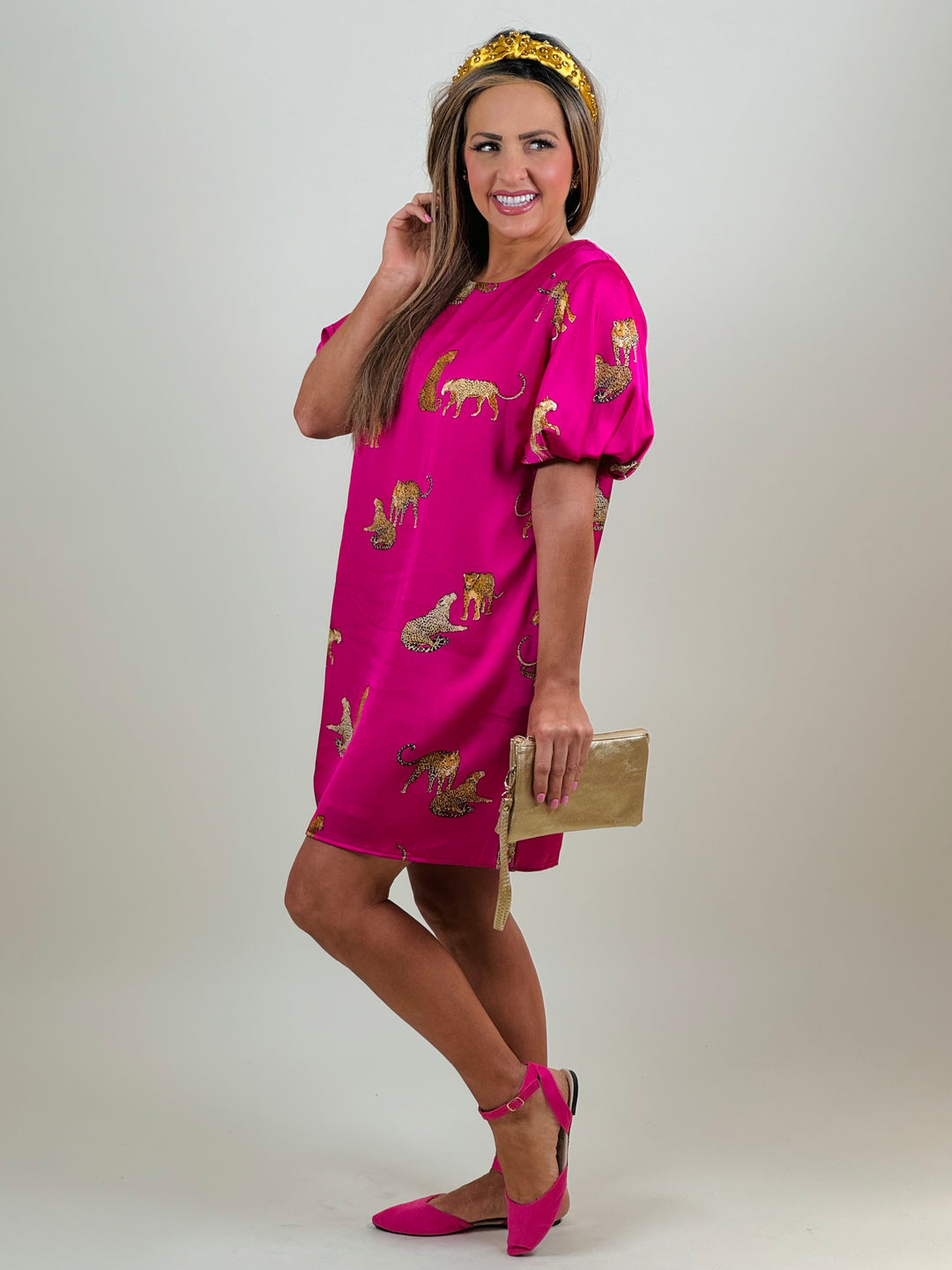 Pink Leopard Print Puff Sleeve Mini Dress