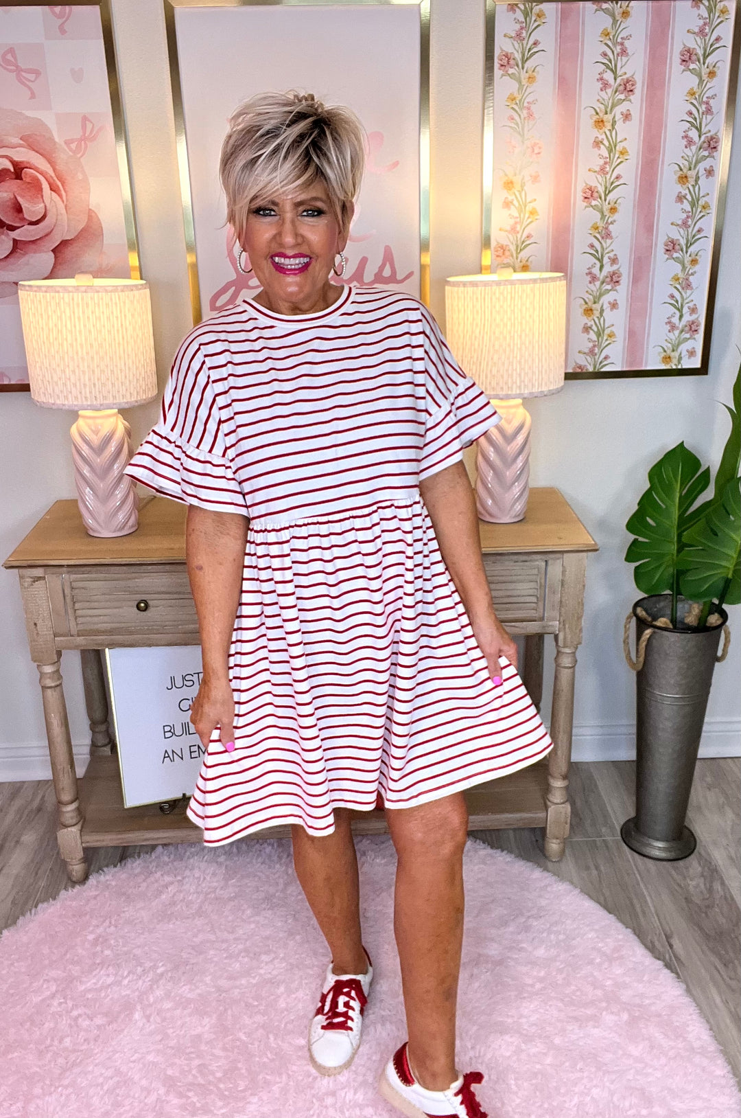 Striped Round Neck Baby Doll Cotton Dress-Red Stripe
