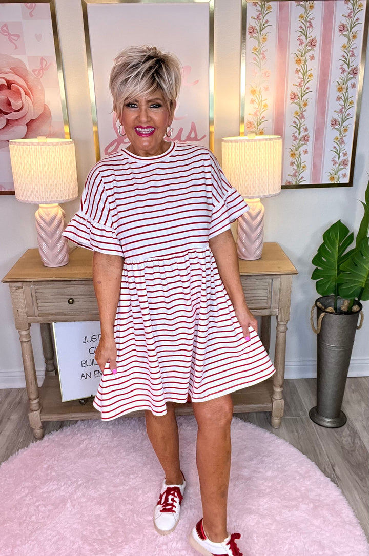Striped Round Neck Baby Doll Cotton Dress-Red Stripe