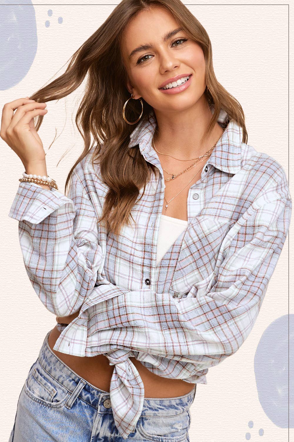 SRT1337-Soft Fabric Plaid Loose Fit Button Down Shirt