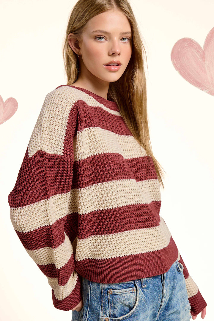 MCS3590-Loose Fit Striped Round Neck Long Sleeve Sweater
