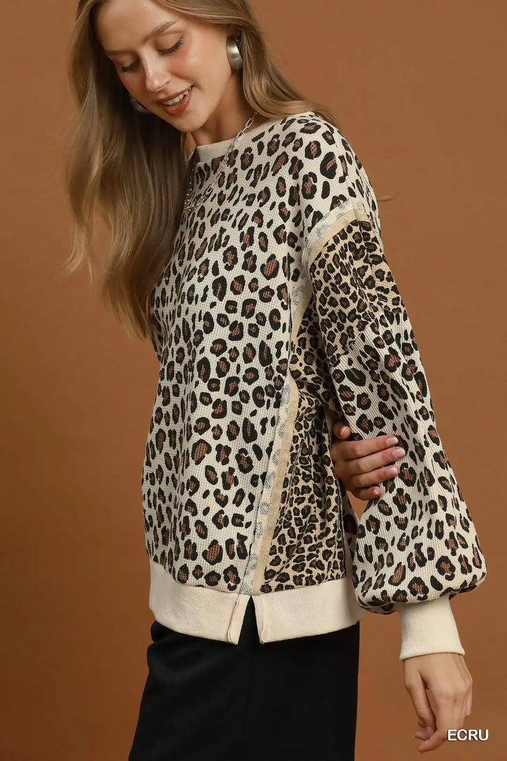 Leopard Print Waffle Knit Pullover-Ecru