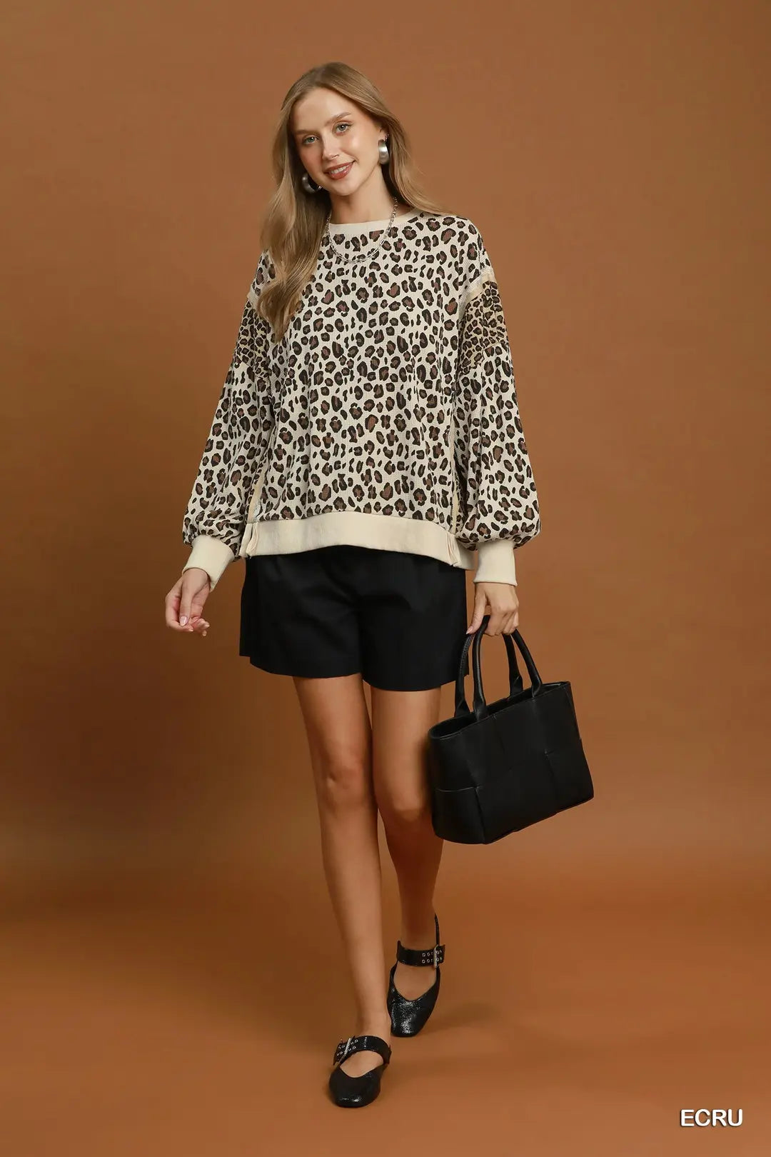 Leopard Print Waffle Knit Pullover-Ecru