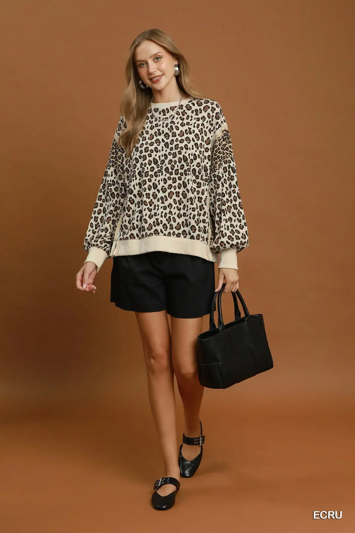 Leopard Print Waffle Knit Pullover-Ecru