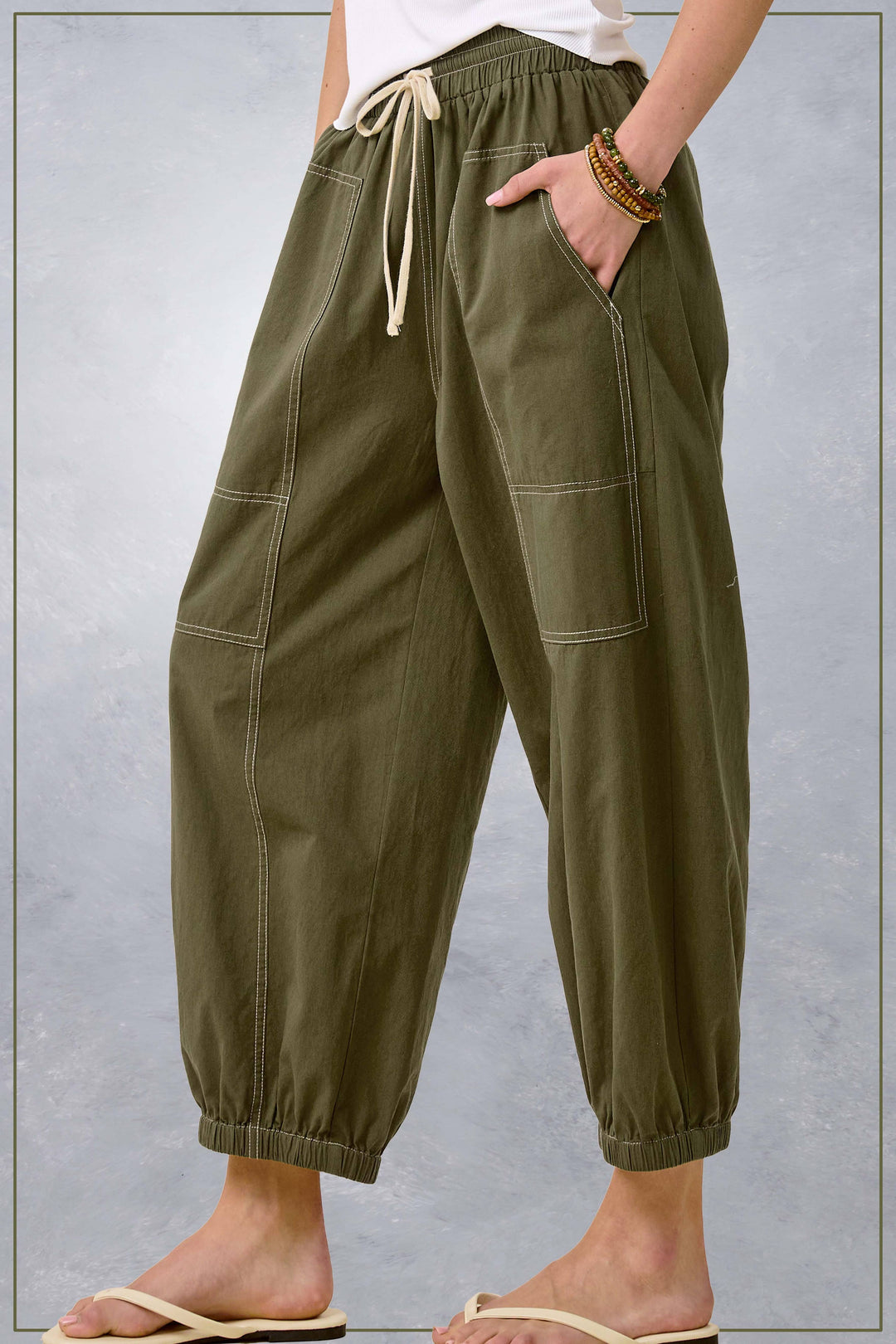 HDP4240-Cropped Barrel Leg Balloon Pants Contrast Sew Fall