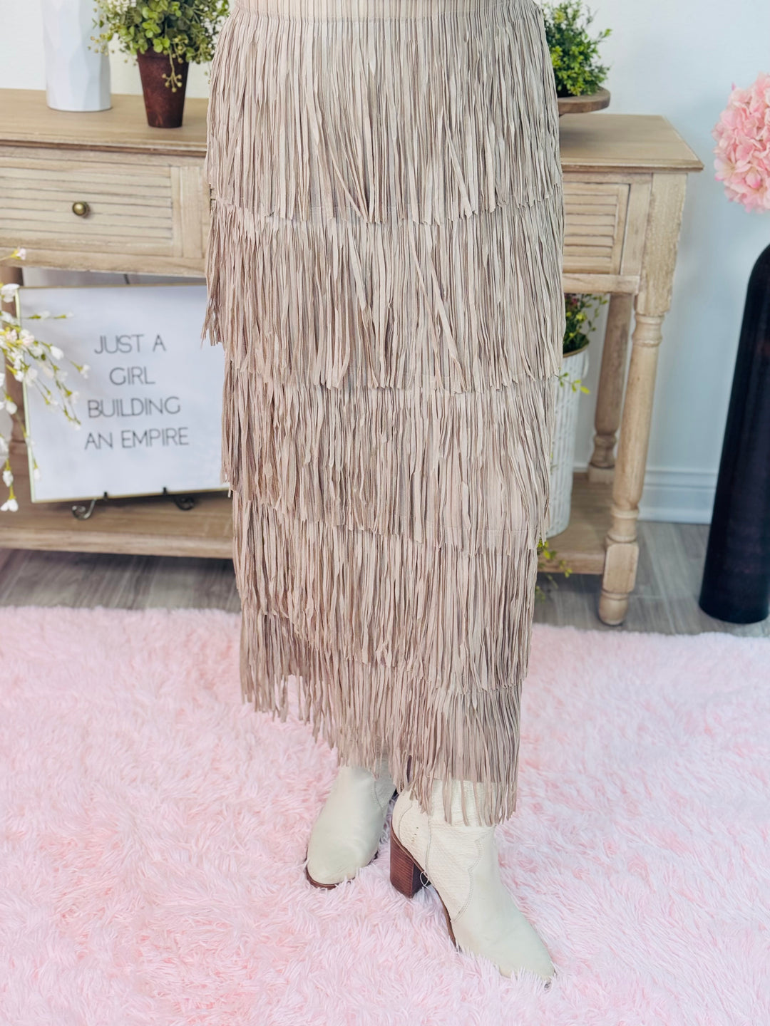 Taupe Layered Fringe Tiered Maxi Skirt