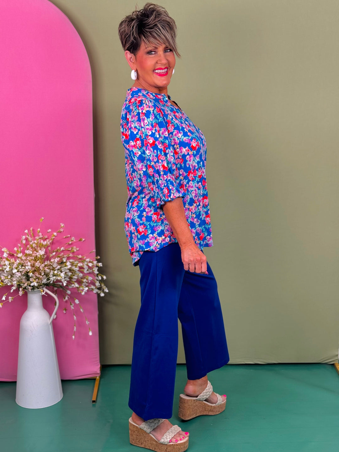 Royal Floral Smocked Top - Available Through Extended Sizes