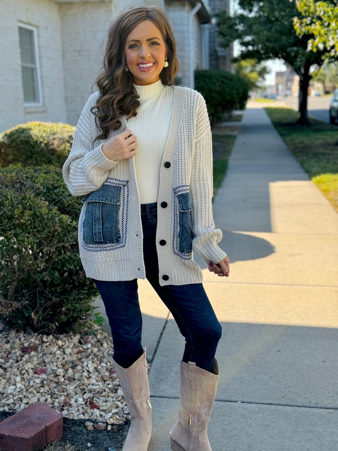 Oatmeal Knit Cardigan w/ Denim Pockets