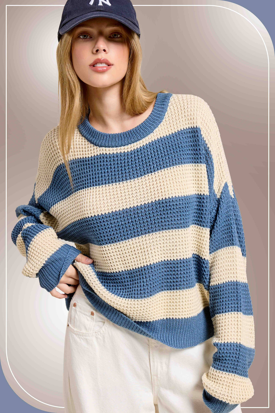 MCS3590-Loose Fit Striped Round Neck Long Sleeve Sweater