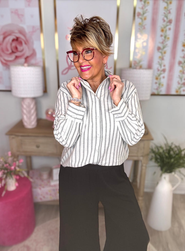 Striped Linen Blend Button Up Shirt-Blue or Natural