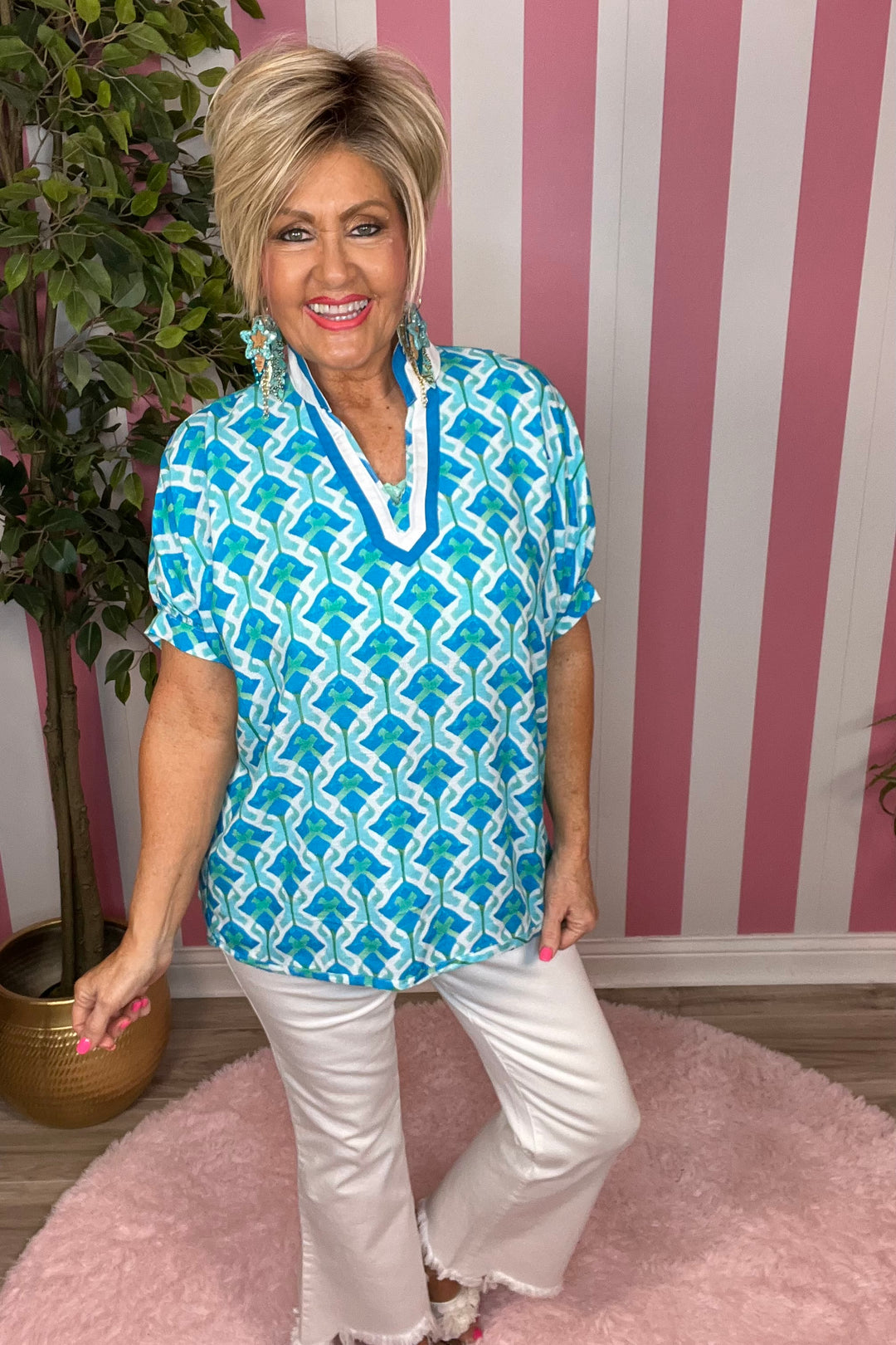 SALE: Printed Dolman Sleeve Top-Aqua Mix
