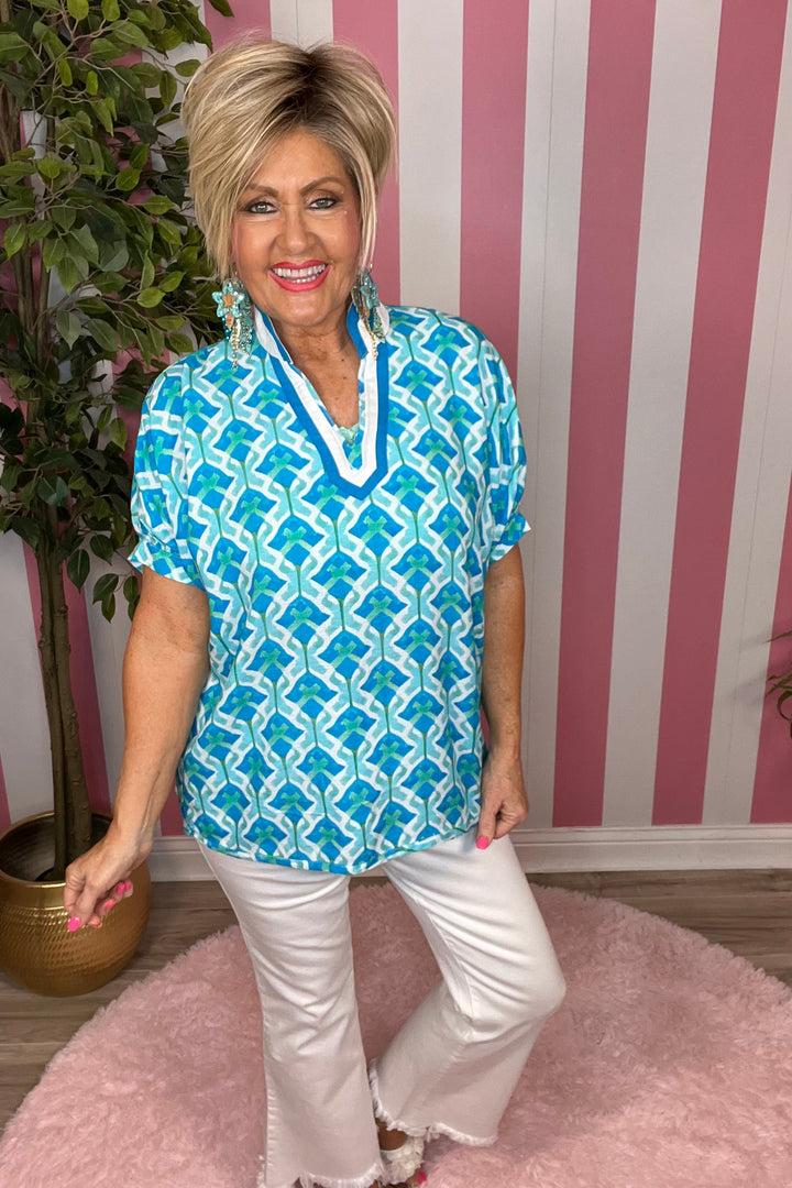 SALE: Printed Dolman Sleeve Top-Aqua Mix