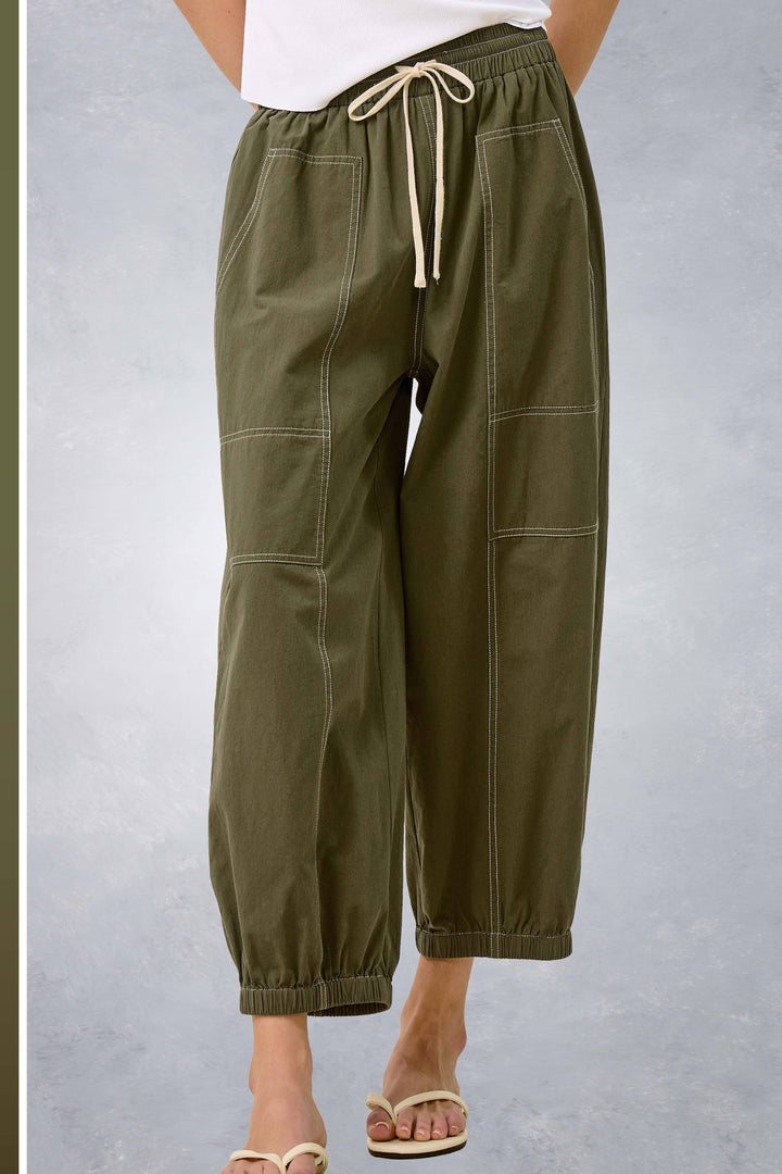 HDP4240-Cropped Barrel Leg Balloon Pants Contrast Sew Fall